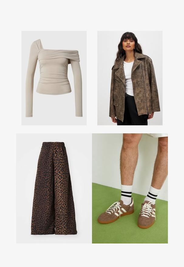 Burgundu mākslīgās ādas jaka ar iegrieztu apkakli, rāvējslēdzēja priekšpusi un sānu kabatām. Raksturīga teksturēta virsma un brīva piegriezuma forma.; Beige zābaku piedurknes tops ar atvērtām plecu daļām, ar ručveida tekstūru un pieguļošas siluets. Gluda, elastīga auduma.; Platas kājas bikses no gludas auduma ar brūnu fonu, kurā ir melna leopardu raksts, un elastīgu jostasvietu.; Brūni zamša sporta apavi ar baltām akcentu un auklām. Kaučuka zole. Nēsāti ar baltām zeķēm, kurām ir melnas svītras. Zaļa struktūrēta grīda.