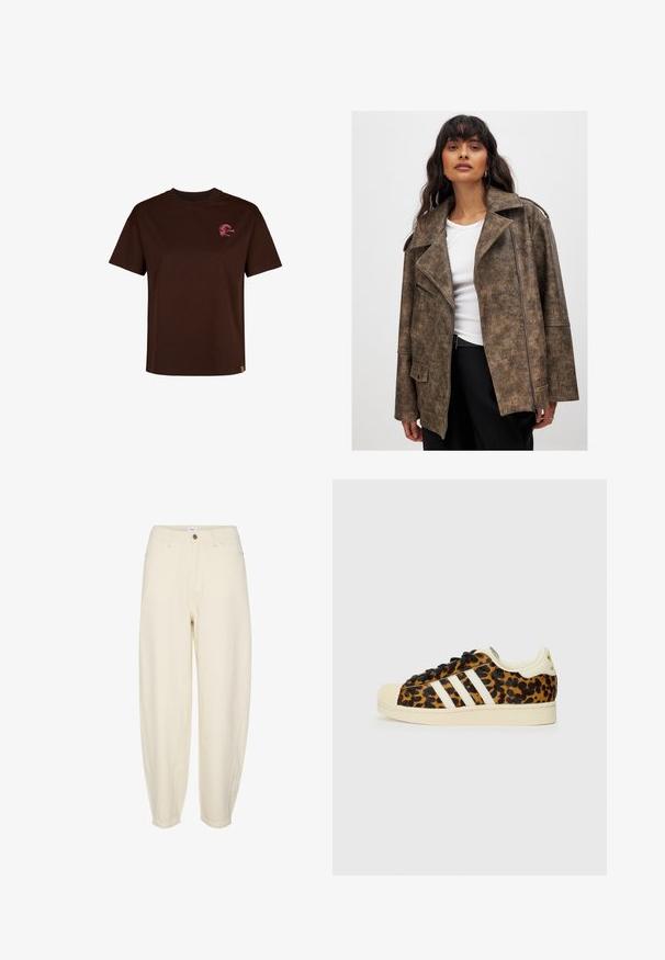 Burgundu mākslīgās ādas jaka ar iegrieztu apkakli, rāvējslēdzēja priekšpusi un sānu kabatām. Raksturīga teksturēta virsma un brīva piegriezuma forma.; Brūns kokvilnas T-krekls ar apaļu kakla izgriezumu un īsām piedurknēm. Ar mazu rozā logotipu uz krūtīm un taisnu apakšmalu.; Gaišbeigi kokvilnas bikses ar brīvu piegriezumu, sašaurinātiem galiem, priekšējām kabatām un vienu pogu jostas daļā.; Leoparda raksta sporta apavi ar melnām šņorēm, baltas trīs joslas dizains, krēmkrāsas gumijas purngals un zole, teksturēts augšējais materiāls.