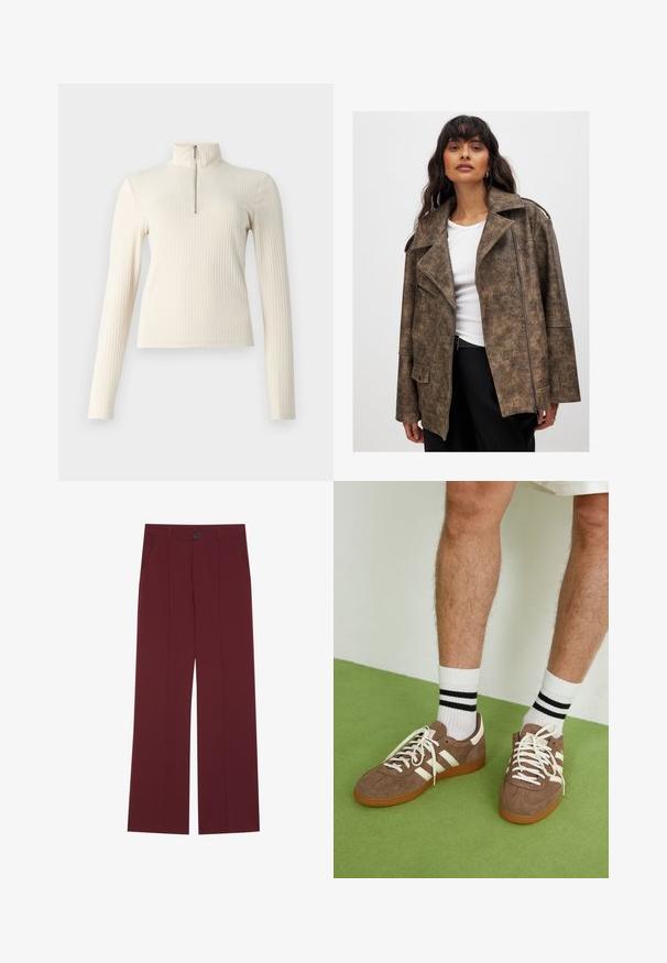 Brun faux läderjacka med slagkrage, zippered front och sidofickor. Har en strukturert yta och en avslappnad passform.; Krämfärgad ribbad tröja med långa ärmar och en mock neck. Har en kvartslång dragkedja framtill och en figurnära design. Slät textur.; Burgundierfärgade byxor med breda ben, utrustade med knappstängning, två sidan fickor och veckat framdetalj. Slät tygstruktur.; Bruna mockaskor med vita detaljer och snören. Gummisula i beige. Bärs med vita strumpor med svarta ränder. Grön strukturerad golvyta.