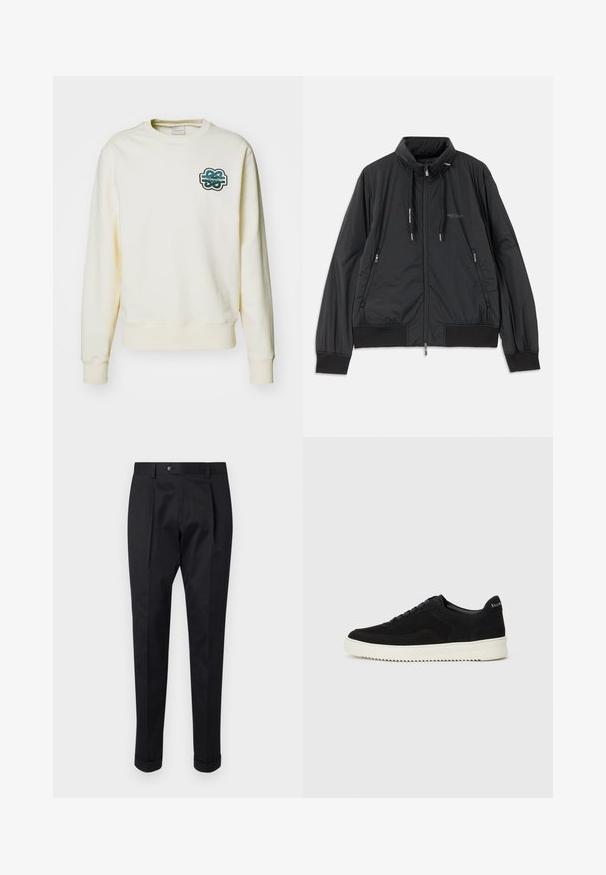 Zwarte lichtgewicht zip-up jack met opstaande kraag, ritszakken aan de zijkant, trekkoorden, geribbelde manchetten en het Armani Exchange-logo op de borst.; Filling Pieces GOWTU - Sweater - white; Zwarte broek gemaakt van een gladde stof, met een plooi aan de voorkant, een knopen sluiting en opgerolde manchetten bij de enkels.; Zwarte suède sneakers met vetersluiting en contrasterende witte rubberen zool. Voorzien van textuurpanelen aan de zijkanten en subtiele branding op de hiel.