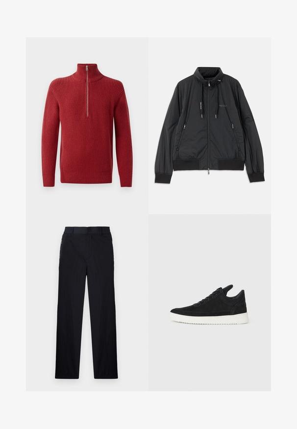 Černá lehká zipová bunda se stojáčkem, bočními kapsami na zip, stahovacími šnůrkami, žebrovanými manžetami a logem Armani Exchange na hrudi.; Červený pletený pulovr s vysokým límcem a polovičním zipem. Textura je strukturovaná a teplá, ideální do chladnějšího počasí.; Černé kalhoty s lehkým, strukturovaným materiálem, rovnými nohavicemi, elastickým pasem a postranními zipovými kapsami.; Černé semišové tenisky s bílou gumovou podrážkou, s tónovým prošitím a šněrováním. Hladký povrch s moderním, aerodynamickým tvarem.