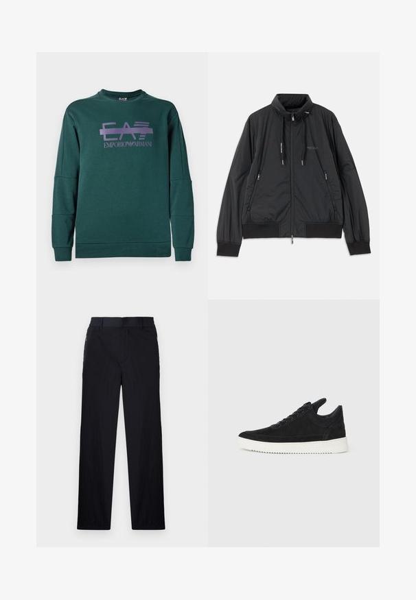 Fekete, könnyű, cipzáras dzseki álló gallérral, cipzáras oldalsó zsebekkel, húzózsinórral, bordázott mandzsettákkal és Armani Exchange logóval a mellkason.; Zöld kapucnis pulcsi, puha anyagból készült, lila grafikai dizájnnal, amin az "EA7" és az "EMPORIO ARMANI" felirat szerepel. Rugalmas mandzsetta és alsó szegély.; Fekete nadrág könnyű, textúrált anyagból, egyenes szárú kialakítással, rugalmas derékpánttal és oldalsó cipzáras zsebekkel.; Fekete nubuk sportcipő fehér gumitalppal, tónusos varrással és fűzős kialakítással. Simák a textúrája, modern, letisztult formával rendelkezik.