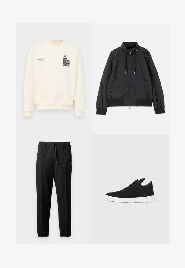 Casaco leve preto com fecho frontal e gola alta, bolsos laterais com fecho, cordões, punhos canelados e logótipo da Armani Exchange no peito.; Sweatshirt de gola redonda em cor creme com texto azul "Filling Pieces" no lado esquerdo do peito e gráfico de colunas vintage empilhadas no lado direito do peito.; Calças pretas com uma cinta na cintura, cordão ajustável e punhos elásticos. Apresenta pregas e um tecido liso e texturizado.; Sapatilha de camurça preta com sola de borracha branca, apresentando costuras tonais e um design com atacadores. Textura suave com uma forma moderna e simplificada.