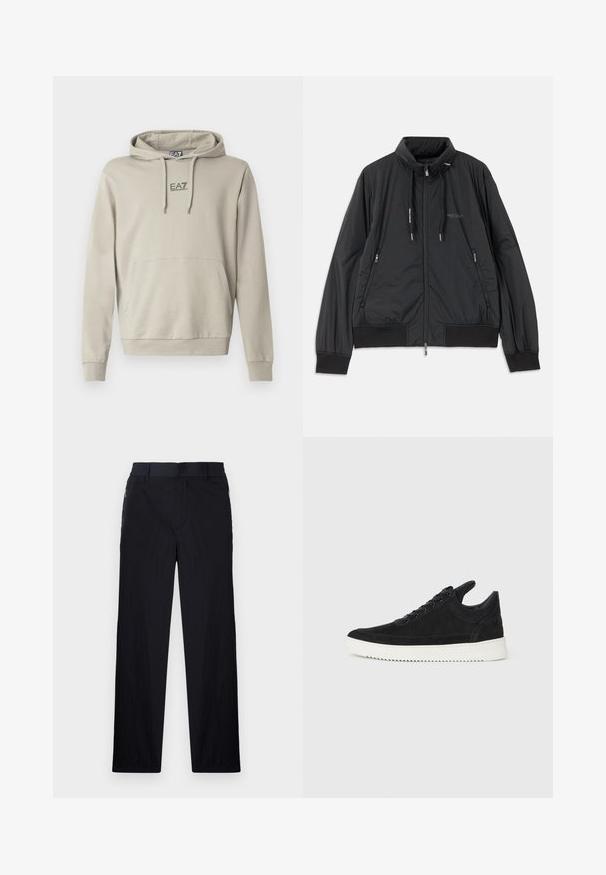 Black lightweight zip-up jacket with stand collar, zippered side pockets, drawstrings, ribbed cuffs, and Armani Exchange logo on chest.; Light beige hoodie with drawstring, kangaroo pocket, and EA7 logo on the chest. The fabric appears soft with a smooth texture.; Black trousers featuring a lightweight, textured fabric, straight-leg design, elastic waistband, and side zip pockets.; Black suede sneaker with a white rubber sole, featuring tonal stitching and lace-up design. Smooth texture with a modern, streamlined shape.
