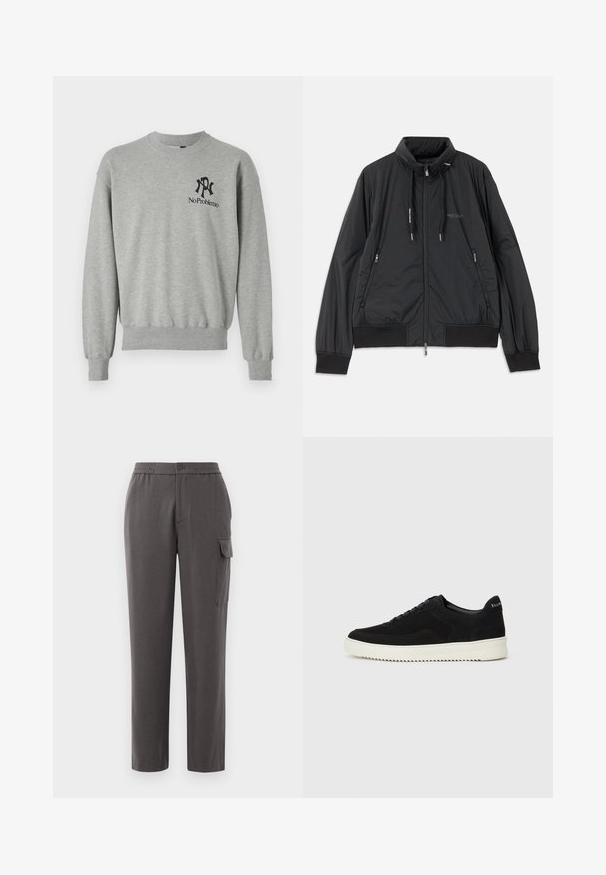 Musta kevyt vetoketjullinen takki, jossa on seisomakaulus, vetoketjulliset sivutaskut, narut, ribbireunat ja Armani Exchange -logo rinnassa.; Harmaa collegepaita, jossa on pyöreä kaula-aukko, ribatut hihat ja helma. Sisältää mustia grafiikoita: "R" ja "No Problemo" vasemmassa rinnassa.; Housut harmaana, rentona istuvuutena, valmistettu sileästä kankaasta. Ominaisuuksina nappikiinnitys, sivutaskut ja kankaan sivussa cargo-tasku.; Mustat mokkakengät nauhoilla ja kontrastivalkoisella kumipohjalla. Varustettu teksturoiduilla sivupaneeleilla ja huomaamattomalla brändäyksellä kantapäässä.