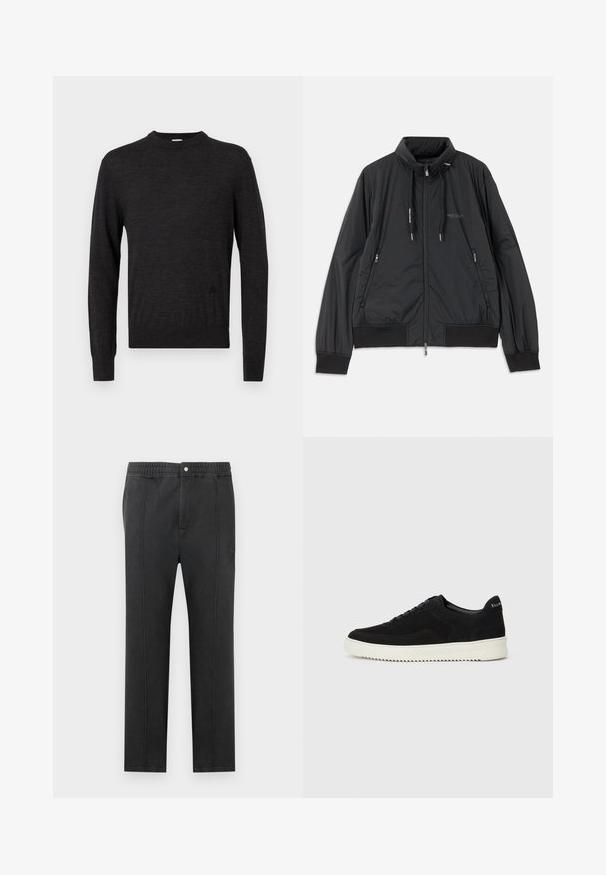 Black lightweight zip-up jacket with stand collar, zippered side pockets, drawstrings, ribbed cuffs, and Armani Exchange logo on chest.; Black, long-sleeve sweater with a crew neck, made of smooth material, featuring a subtle logo on the side and a fitted silhouette.; Black pants with an elastic waistband, flat front, two side pockets, and decorative stitching. No visible patterns or hardware details.; Black suede sneaker with lace-up design and contrasting white rubber sole. Features textured side panels and subtle branding on the heel.