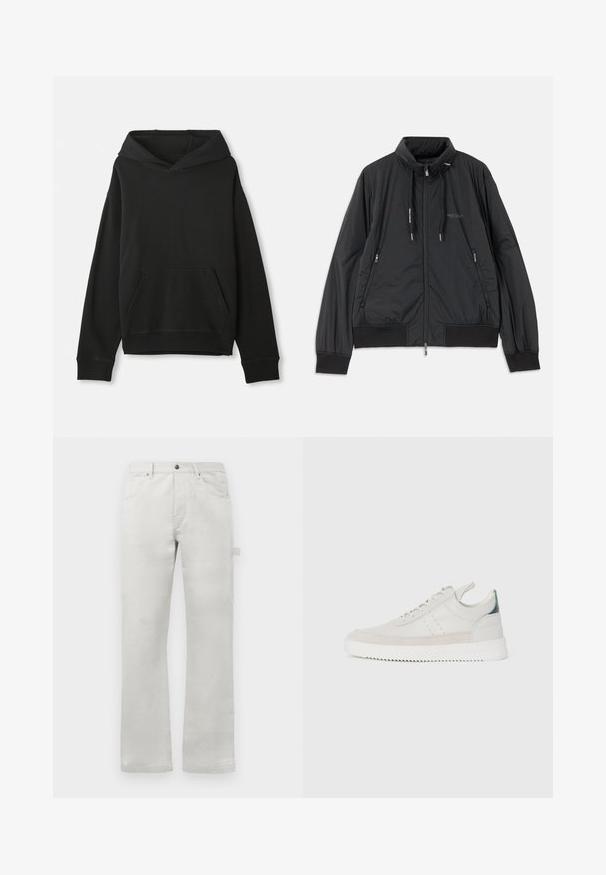 Črn lahek jakna na zadrgo s stojnicnim ovratnikom, zadrgami na strani, vrvicami, rebrastimi manšeti in logotipom Armani Exchange na prsih.; Črna majica s kapuco, z žepom na sprednji strani. Narejena iz mehkega blaga z rebrastimi manšetami in robom, ponuja sproščen kroj.; Svetlo sivi hlače s ravnim krojem, izdelane iz gladkega bombažnega materiala, s sprednjimi žepi in stranskim žepom za tovor.; Beli usnjeni športni čeveljčki z sivo alkantaro, z vezalkami, z ježkom in teksturiranim gumijastim podplatom s cik-cak vzorcem.