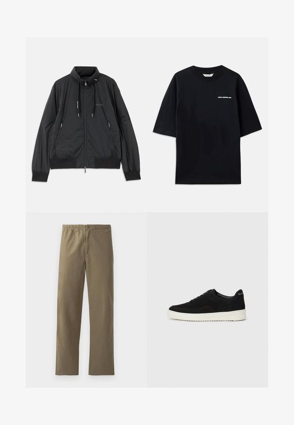 Fekete, könnyű, cipzáras dzseki álló gallérral, cipzáras oldalsó zsebekkel, húzózsinórral, bordázott mandzsettákkal és Armani Exchange logóval a mellkason.; Fekete pamut póló rövid ujjakkal, kerek nyakkivágással és egy kis fehér "HOLZWEILER" logóval az elején, amely laza szabású.; Könnyű anyagból készült khaki nadrág. Rugalmas derékrésszel, gombos záródással, egyenes lábakkal és sima textúrával rendelkezik.; Fekete velúr sportcipő fűzős dizájnnal és kontrasztos fehér gumitalppal. Jellemzői a textúrázott oldalpanelek és a diszkrét logó a sarokon.