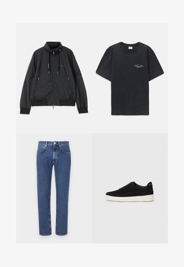 Svart lett zip-up jakke med ståkrage, glidelåslommer på sidene, snorer, ribbestrikkede mansjetter og Armani Exchange-logo på brystet.; Svart kortermet t-skjorte med rund hals og liten hvit "Filling Pieces" tekstlogo på venstre bryst.; Blå denimjeans med rette ben, forsterkede sømmer, fem-lomme stil og frontlukking med knapp.; Svart semsket sneakers med snøring og kontrasterende hvit gummisåle. Har teksturerte sidepaneler og subtil merkevare på hælen.