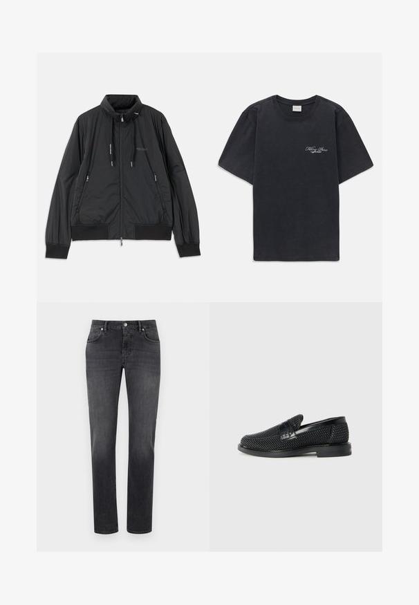 Veste légère noire zippée avec col montant, poches latérales zippées, cordons de serrage, poignets côtelés et logo Armani Exchange sur la poitrine.; T-shirt noir à manches courtes et col rond avec un petit logo « Filling Pieces » en blanc sur la poitrine gauche.; Jean en denim gris avec un design classique à jambe droite, comportant des poches avant, une fermeture éclair et une petite étiquette de marque au-dessus de la poche droite.; Chaussure slip-on tissée noire avec un accent en cuir lisse sur le dessus, un design à bout rond et une semelle en caoutchouc à profil bas.
