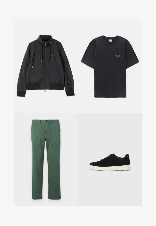 Black lightweight zip-up jacket with stand collar, zippered side pockets, drawstrings, ribbed cuffs, and Armani Exchange logo on chest.; Black short-sleeve crew neck t-shirt with small white "Filling Pieces" text logo on the left chest.; Green cotton trousers with a straight leg design, featuring two front pockets and a button closure. Smooth texture and casual style.; Black suede sneaker with lace-up design and contrasting white rubber sole. Features textured side panels and subtle branding on the heel.