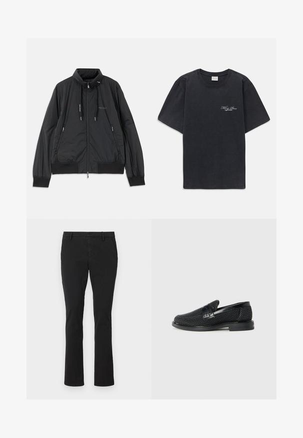 Zwarte lichtgewicht zip-up jack met opstaande kraag, ritszakken aan de zijkant, trekkoorden, geribbelde manchetten en het Armani Exchange-logo op de borst.; Zwarte korte mouwen crew neck t-shirt met klein wit "Filling Pieces" tekstlogo op de linkerborst.; Zwarte chino's van katoen met een slim-fit ontwerp, rechte pijpen, voorzakken en een schone, gladde textuur, geschikt voor verschillende gelegenheden.; Zwartegeweven instap schoenen met een glad leren accent aan de bovenkant, een ronde neusontwerp en een laag profiel rubberen zool.