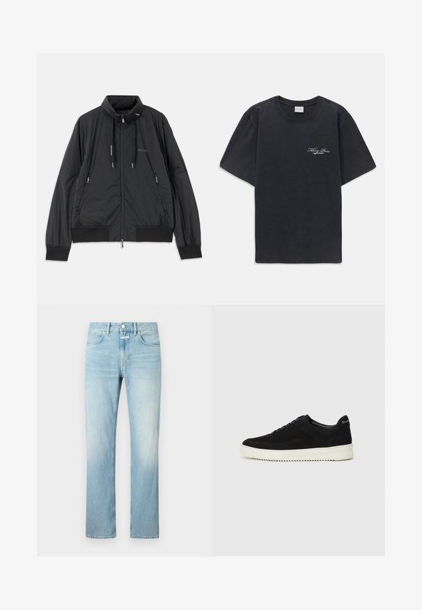 Geacă neagră ușoară cu fermoar, guler înalt, buzunare laterale cu fermoar, șnururi de ajustare, manșete cu rimă și logo-ul Armani Exchange pe piept.; Tricou negru cu mânecă scurtă și gât rotund, având un mic logo alb "Filling Pieces" pe partea stângă a pieptului.; Jeans din denim de un albastru deschis, cu un croi drept, având un design clasic cu cinci buzunare și închidere cu nasture.; Adidași negri din suede cu design cu șireturi și talpă din cauciuc alb contrastant. Prezintă panouri laterale texturate și branding subtil pe toc.