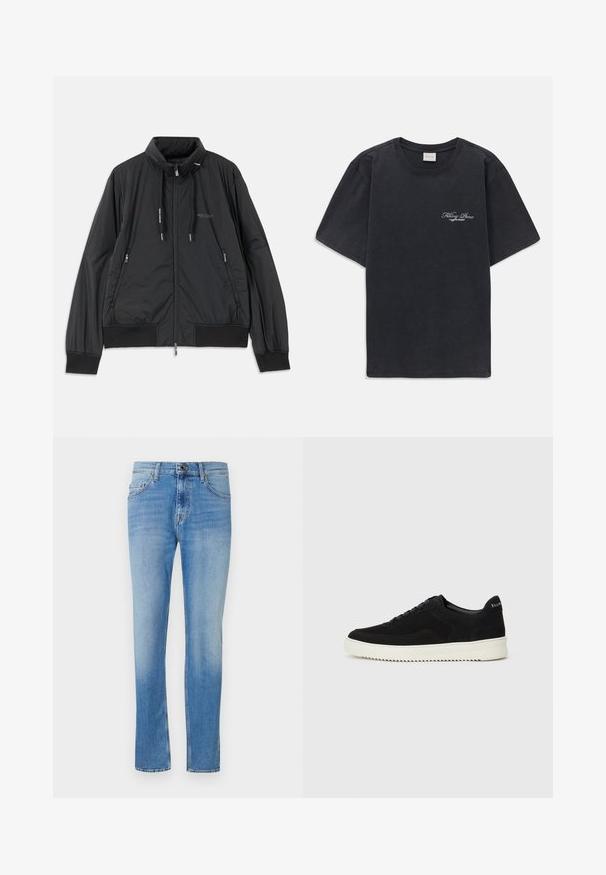 Svart lett zip-up jakke med ståkrage, glidelåslommer på sidene, snorer, ribbestrikkede mansjetter og Armani Exchange-logo på brystet.; Svart kortermet t-skjorte med rund hals og liten hvit "Filling Pieces" tekstlogo på venstre bryst.; Lys blå jeans med en lett falming, laget av denim. Har fem lommer, knapp- og glidelås-lukking, og rett ben design.; Svart semsket sneakers med snøring og kontrasterende hvit gummisåle. Har teksturerte sidepaneler og subtil merkevare på hælen.