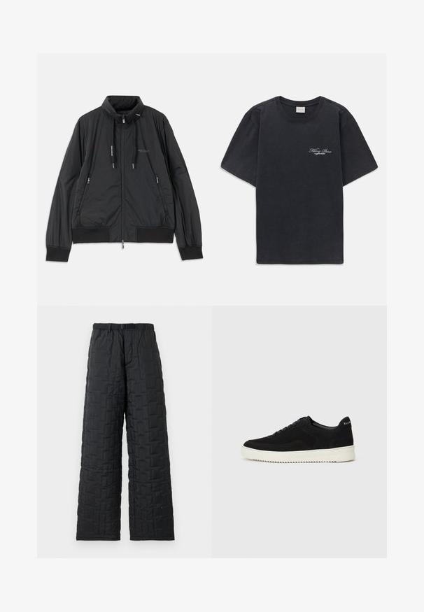 Juodas lengvas zip-up džemperis su stovinčiu apykakle, užtrauktukais šoninėse kišenėse, įveržimais, raibotu rankogaliu ir Armani Exchange logotipu ant krūtinės.; Juodas trumpomis rankovėmis, apvaliu kaklu marškinėliai su mažu baltu "Filling Pieces" tekstiniu logotipu kairiajame krūtinės kampe.; Juodos siuvinėjamos kelnės su laisvu siluetu, turinčios tekstūruotą raštą, elastinę juosmenį su diržu ir dvi šonines kišenes.; Juodos veliūrinės sportinės bateliai su raištelių dizainu ir kontrastinga balta gumine padais. Yra tekstūruoti šoniniai skydeliai ir subtilus logotipas ant kulno.