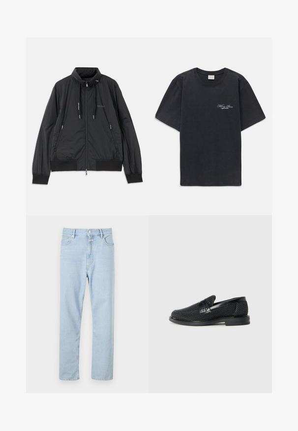 Černá lehká zipová bunda se stojáčkem, bočními kapsami na zip, stahovacími šnůrkami, žebrovanými manžetami a logem Armani Exchange na hrudi.; Černé tričko s krátkým rukávem a kulatým výstřihem s malým bílým logem "Filling Pieces" na levé hrudi.; Světle modré džíny rovného střihu vyrobené z denimu, s knoflíkovým a zipovým zapínáním, pěti kapsami a jemným vyblednutím na látce.; Černé pletené nazouvací boty s hladkým koženým akcentem na svršku, kulatou špičkou a nízkoprofilovou gumovou podrážkou.