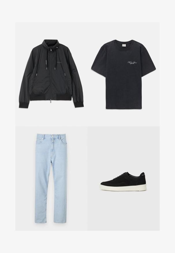 Svart lett zip-up jakke med ståkrage, glidelåslommer på sidene, snorer, ribbestrikkede mansjetter og Armani Exchange-logo på brystet.; Svart kortermet t-skjorte med rund hals og liten hvit "Filling Pieces" tekstlogo på venstre bryst.; Lyseblå, rette jeans laget av denim, med knapp- og glidelåsåpning, fem lommer og diskret falming på stoffet.; Svart semsket sneakers med snøring og kontrasterende hvit gummisåle. Har teksturerte sidepaneler og subtil merkevare på hælen.