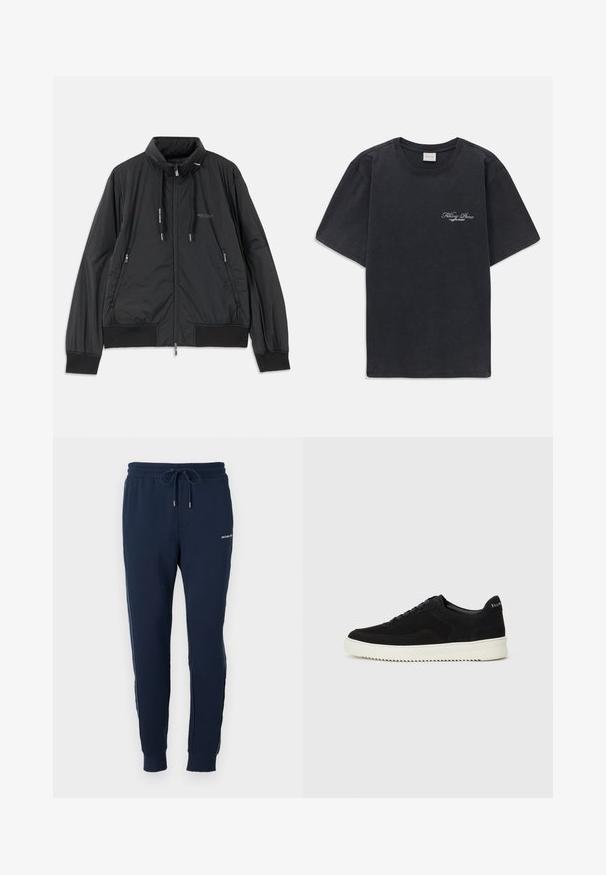 Black lightweight zip-up jacket with stand collar, zippered side pockets, drawstrings, ribbed cuffs, and Armani Exchange logo on chest.; Black short-sleeve crew neck t-shirt with small white "Filling Pieces" text logo on the left chest.; Navy blue sweatpants with an elastic waistband, drawstring, side stripes, and logo detail at the hip. Made from soft, smooth fabric.; Black suede sneaker with lace-up design and contrasting white rubber sole. Features textured side panels and subtle branding on the heel.