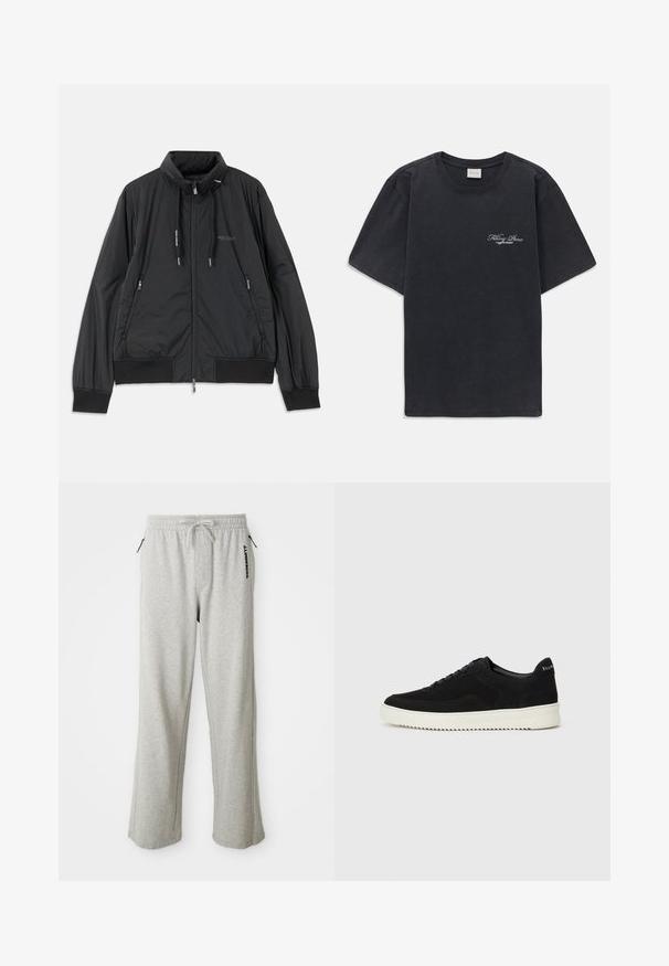 Juodas lengvas zip-up džemperis su stovinčiu apykakle, užtrauktukais šoninėse kišenėse, įveržimais, raibotu rankogaliu ir Armani Exchange logotipu ant krūtinės.; Juodas trumpomis rankovėmis, apvaliu kaklu marškinėliai su mažu baltu "Filling Pieces" tekstiniu logotipu kairiajame krūtinės kampe.; Pilkos sportinės kelnės, pagamintos iš minkštos medžiagos, su raišteliu juosmens, šoninėmis kišenėmis ir spaudiniu logo kairėje kojoje.; Juodos veliūrinės sportinės bateliai su raištelių dizainu ir kontrastinga balta gumine padais. Yra tekstūruoti šoniniai skydeliai ir subtilus logotipas ant kulno.