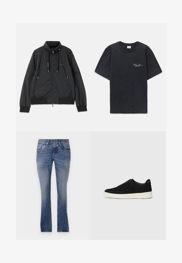 Juodas lengvas zip-up džemperis su stovinčiu apykakle, užtrauktukais šoninėse kišenėse, įveržimais, raibotu rankogaliu ir Armani Exchange logotipu ant krūtinės.; Juodas trumpomis rankovėmis, apvaliu kaklu marškinėliai su mažu baltu "Filling Pieces" tekstiniu logotipu kairiajame krūtinės kampe.; Išblukę mėlyni džinsai su tiesia kojų forma, penkių kišenių dizainu, mygtukų užsegimu ir subtiliais išblukimo akcentais tekstūrai.; Juodos veliūrinės sportinės bateliai su raištelių dizainu ir kontrastinga balta gumine padais. Yra tekstūruoti šoniniai skydeliai ir subtilus logotipas ant kulno.