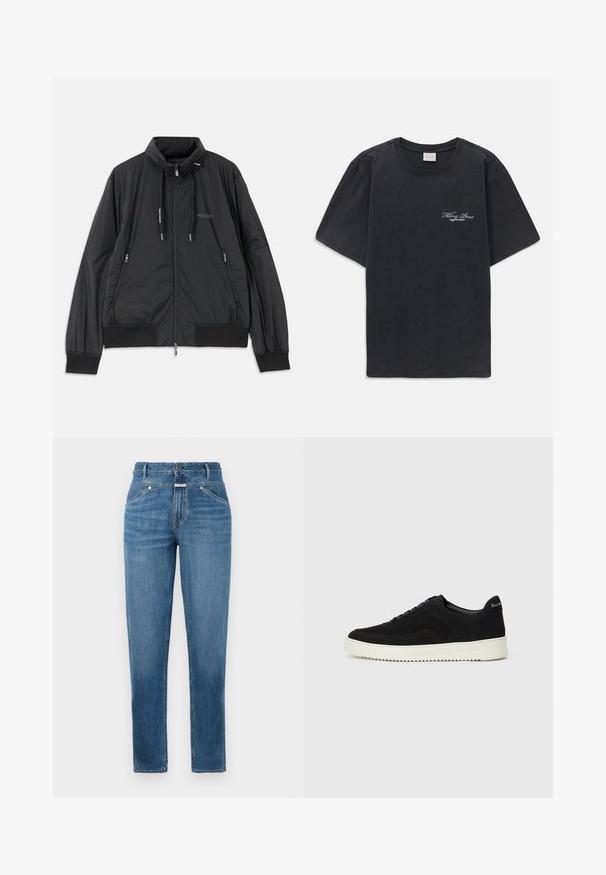 Black lightweight zip-up jacket with stand collar, zippered side pockets, drawstrings, ribbed cuffs, and Armani Exchange logo on chest.; Black short-sleeve crew neck t-shirt with small white "Filling Pieces" text logo on the left chest.; Blue high-waisted straight-leg jeans with front pockets, belt loops, button closure, and subtle fading details.; Black suede sneaker with lace-up design and contrasting white rubber sole. Features textured side panels and subtle branding on the heel.