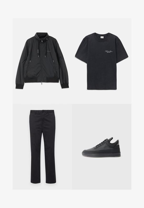 Zwarte lichtgewicht zip-up jack met opstaande kraag, ritszakken aan de zijkant, trekkoorden, geribbelde manchetten en het Armani Exchange-logo op de borst.; Zwarte korte mouwen crew neck t-shirt met klein wit "Filling Pieces" tekstlogo op de linkerborst.; Zwarte katoenen broek met een recht pijpdesign, voorzien van een knoopsluiting en riemlussen. Soepele textuur, geen zichtbare patronen of accenten.; Zwarte leren sneakers met een textuur oppervlak, vetersluiting, een lage schacht en een grijze rubberen zool met een geribbelde rand.
