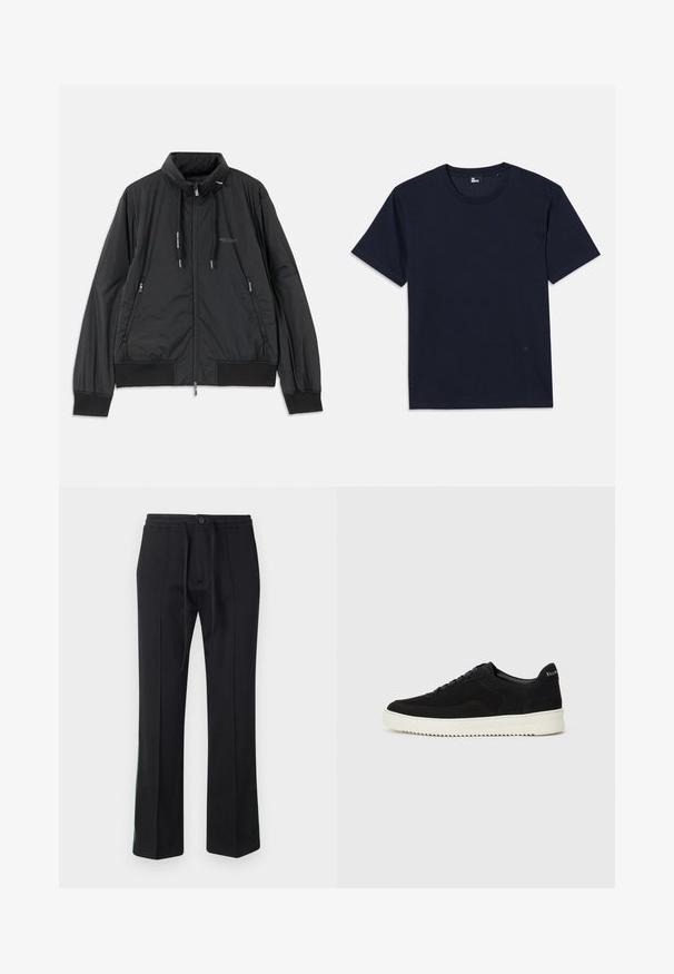 Veste légère noire zippée avec col montant, poches latérales zippées, cordons de serrage, poignets côtelés et logo Armani Exchange sur la poitrine.; T-shirt en coton bleu marine à manches courtes, col rond et détails de couture minimes. Design simple sans motifs ni accents visibles.; Pantalons de jogging noirs avec taille à cordon, devant plat et jambes droites. Accents verts le long des coutures latérales. Texture de tissu douce.; Baskets en daim noir avec un design à lacets et une semelle en caoutchouc blanc contrastant. Comprend des panneaux latéraux texturés et un logo subtil sur le talon.