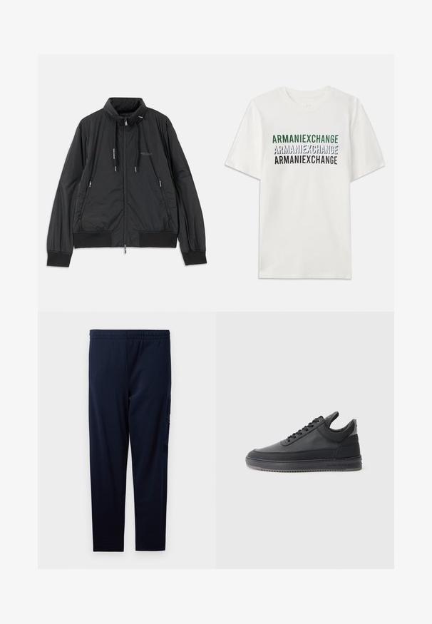 Zwarte lichtgewicht zip-up jack met opstaande kraag, ritszakken aan de zijkant, trekkoorden, geribbelde manchetten en het Armani Exchange-logo op de borst.; Witte katoenen t-shirt met herhaaldelijke tekst "ARMANIEXCHANGE" in groen, blauw en zwart. Korte mouwen en een klassieke ronde hals.; Marineblauwe sportbroeken gemaakt van rekbare stof, met een elastische tailleband en een zijzak met een gestructureerd ontwerp.; Zwarte leren sneakers met een textuur oppervlak, vetersluiting, een lage schacht en een grijze rubberen zool met een geribbelde rand.