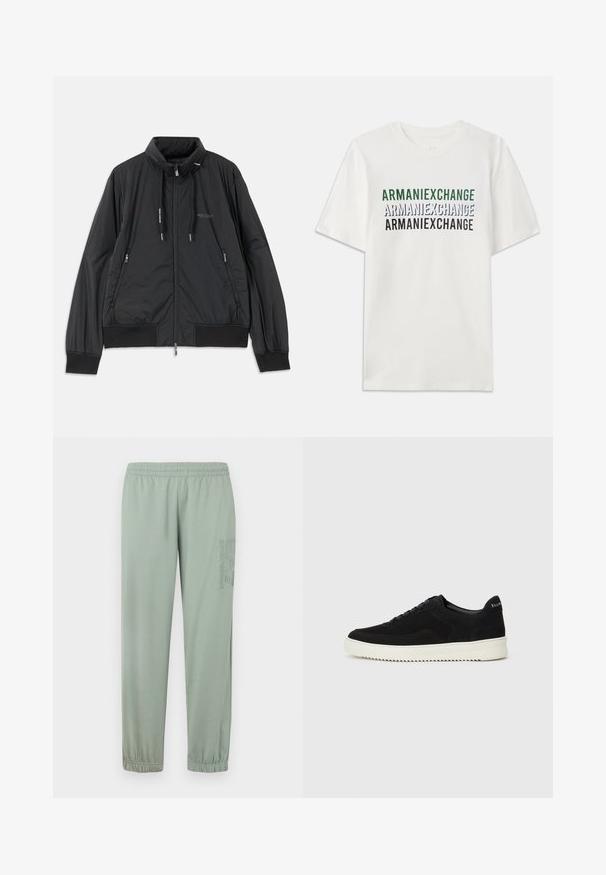 Casaco leve preto com fecho frontal e gola alta, bolsos laterais com fecho, cordões, punhos canelados e logótipo da Armani Exchange no peito.; T-shirt branca de algodão com o texto repetido "ARMANIEXCHANGE" em verde, azul e preto. Mangas curtas e um decote redondo clássico.; Calças de moletom verde-claro com um cós elástico, punhos ajustados e detalhe em relevo do logotipo ao longo da perna esquerda. Feitas de um tecido macio e elástico.; Sapatilhas de camurça pretas com design de atacadores e sola de borracha branca em contraste. Apresenta painéis laterais texturizados e uma marcação discreta no calcanhar.