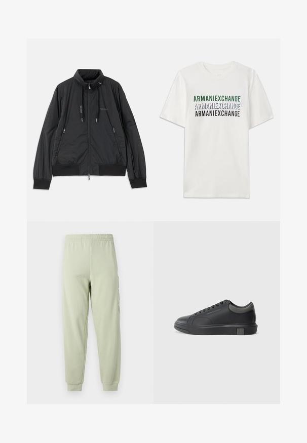 Crna lagana jakna na zip s visokom kragnom, bočnim dzepovima na zip, vezicama, rebrastim manžetama i logom Armani Exchange na prsima.; Bijela pamučna majica s kratkim rukavima koja prikazuje ponovljen tekst "ARMANIEXCHANGE" u zelenoj, plavoj i crnoj boji. Ima klasičan okrugli izrez.; Svijetlozeleni dukserica hlače s elastičnim pojasom, suženi kroj nogavica i bočne džepove. Glatkasti, lagani materijal s mat završnom obradom.; Crne kožne tenisice s glatkom završnom obradom, okruglim vrhom i tamno sivim detaljima. Imaju vezanje i teksturiranu gumenu potplat.