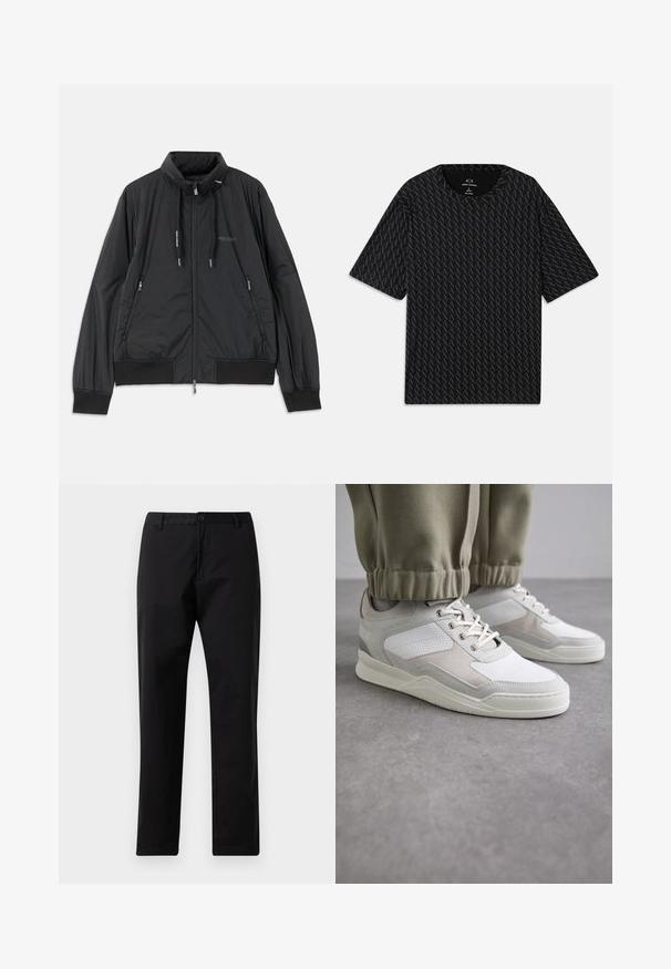 Mustmust mustrikk zip-up jakk, millel on seisev krae, tõmbluku külgtaskud, nöörid, soonikutega varrukad ning Armani Exchange logo rinnal.; Must mustläbiga T-särk, millel on tekstuurne muster vahelduvate 'A' logodega, lühikeste varrukatega ja ümar kaelus. Valmistatud kergest kangast.; Mustad sirged džinsid, millel on nupp ja lukuga kinni panemine, vöökohad ja eesmine taskud, esitatud valgel taustal.; Valged ja heledashallid tossud, millel on tekstureeritud pealis, paeltega sulgemine ja pehmendusega kaelus. Kujunduses on perforeeritud ja seemisnahast aktsente.