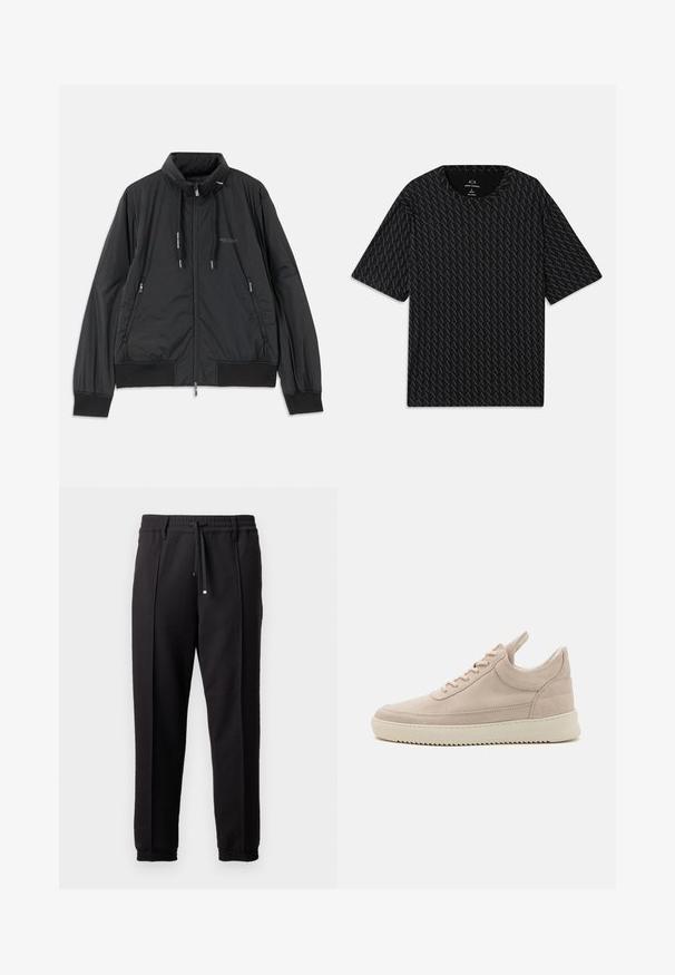 Črn lahek jakna na zadrgo s stojnicnim ovratnikom, zadrgami na strani, vrvicami, rebrastimi manšeti in logotipom Armani Exchange na prsih.; Črna majica s kratkimi rokavi, ki vsebuje teksturiran vzorec iz izmeničnih logotipov 'A', z okroglim izrezom. Narejena iz lahkega materiala.; Črne hlače z pasom, vrvico in elastičnimi manšeti. Imajo nabore in gladko teksturirano blago.; Bež usnjeni športni copat z zaobljenim nosom, belim podplatom in ravnimi vezalkami. Ima zanko na peti in teksturirane stranske panele.