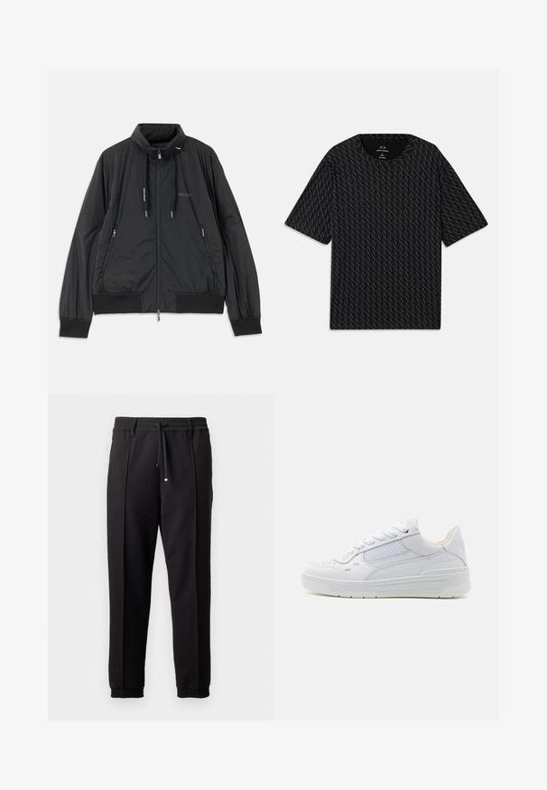 Czarna, lekka kurtka z zamkiem błyskawicznym i stojącym kołnierzem, z zamykanymi kieszeniami po bokach, sznurkami ściągającymi, ściągaczami przy mankietach oraz logo Armani Exchange na klatce piersiowej.; Czarny T-shirt z fakturowanym wzorem naprzemiennych logo 'A', krótkimi rękawami i okrągłym dekoltem. Wykonany z lekkiego materiału.; Czarne spodnie z pasem, sznurkiem do regulacji i elastycznymi mankietami. Posiadają kanty oraz gładki, teksturowany materiał.; Białe sneakersy wykonane z materiałów ze skóry i siateczki, z okrągłym noskiem, płaskimi sznurowadłami oraz teksturowaną podeszwą z subtelnym logo na boku.