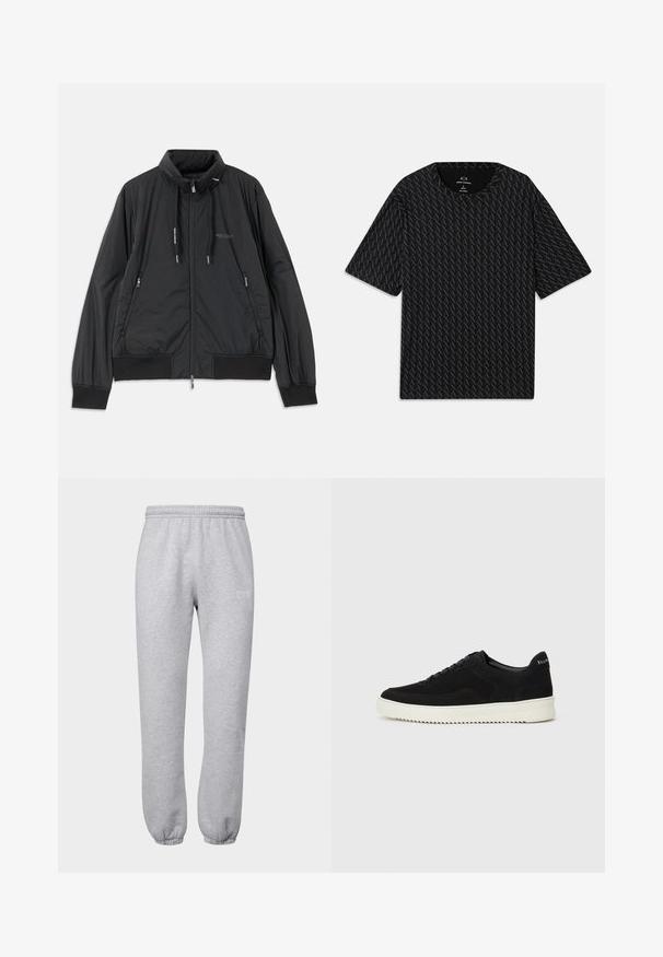 Casaco leve preto com fecho frontal e gola alta, bolsos laterais com fecho, cordões, punhos canelados e logótipo da Armani Exchange no peito.; Camiseta preta com um padrão texturizado de logótipos 'A' alternados, mangas curtas e decote redondo. Feita de tecido leve.; 7 DAYS Active ORGANIC FITTED SWEATPANTS - Calças de fato de treino - heather grey; Sapatilhas de camurça pretas com design de atacadores e sola de borracha branca em contraste. Apresenta painéis laterais texturizados e uma marcação discreta no calcanhar.