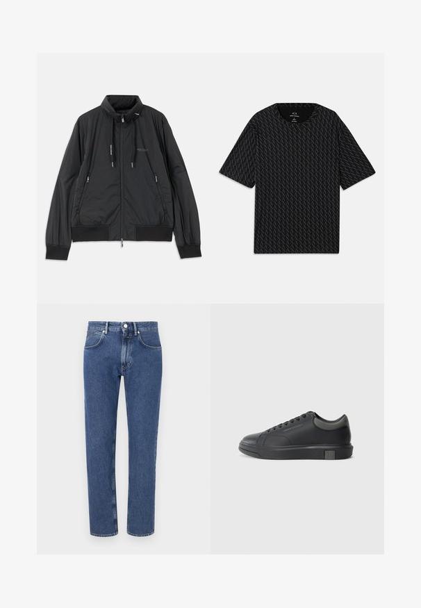 Chaqueta negra ligera con cremallera y cuello alzado, bolsillos laterales con cremallera, cordones, puños de canalé y logo de Armani Exchange en el pecho.; Camiseta negra con un patrón texturizado de logos 'A' alternados, mangas cortas y escote redondo. Fabricada con tejido ligero.; Vaqueros de mezclilla azul con un diseño de pierna recta, costuras reforzadas, estilo de cinco bolsillos y cierre frontal de botón.; Zapatilla de cuero negra con un acabado suave, punta redondeada y acentos gris oscuro. Presenta un diseño de cordones y una suela de goma texturizada.