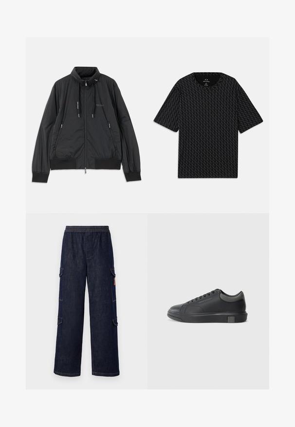 Juodas lengvas zip-up džemperis su stovinčiu apykakle, užtrauktukais šoninėse kišenėse, įveržimais, raibotu rankogaliu ir Armani Exchange logotipu ant krūtinės.; Juodas marškinėliai su tekstūruotu pakaitinių 'A' logotipų raštu, trumpomis rankovėmis ir apvalia iškirpte. Pagaminti iš lengvos medžiagos.; Tamsiai mėlyni džinsinio audinio cargo kelnės su laisvu pritaikymu, pasižyminčios elastingu diržu, šoninėmis kišenėmis ir kontrastiniais siuvimo akcentais.; Juodos odinės sportinės bateliai su lygiu paviršiumi, apvaliu nose ir tamsiai pilkais akcentais. Turi raištelių dizainą ir tekstūruotą gumos padas.