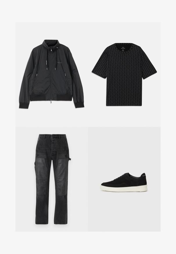 Black lightweight zip-up jacket with stand collar, zippered side pockets, drawstrings, ribbed cuffs, and Armani Exchange logo on chest.; Black T-shirt featuring a textured pattern of alternating 'A' logos, short sleeves, and a crew neckline. Made from lightweight fabric.; Black denim trousers with contrasting black leather panel accents, straight leg design, and subtle distressed detailing on the fabric.; Black suede sneaker with lace-up design and contrasting white rubber sole. Features textured side panels and subtle branding on the heel.