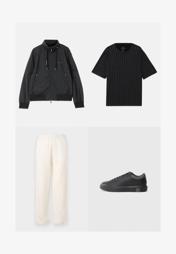Črn lahek jakna na zadrgo s stojnicnim ovratnikom, zadrgami na strani, vrvicami, rebrastimi manšeti in logotipom Armani Exchange na prsih.; Črna majica s kratkimi rokavi, ki vsebuje teksturiran vzorec iz izmeničnih logotipov 'A', z okroglim izrezom. Narejena iz lahkega materiala.; Lahki, smetano obarvane hlače z elastičnim pasom, naravnim krojem nogavic in subtilno teksturo. Brez vidnih žepov.; Črne usnjene teniske s gladko površino, zaobljenim prstom in temno sivo akcenti. Imajo sistem vezanja in teksturiran gumijast podplat.