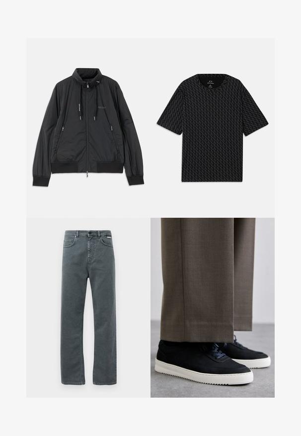 Mustmust mustrikk zip-up jakk, millel on seisev krae, tõmbluku külgtaskud, nöörid, soonikutega varrukad ning Armani Exchange logo rinnal.; Must mustläbiga T-särk, millel on tekstuurne muster vahelduvate 'A' logodega, lühikeste varrukatega ja ümar kaelus. Valmistatud kergest kangast.; Hallid hallid denim püksid sirge jala lõikega, viie tasku ja nupuga sulgemisega. Omavad peent õmblust ja klassikalist, minimalistlikku disaini.; Mustad suleed sneakers valge kummist tallaga, ümarate varvaste ja paeltega, kantud hallide ülikonna pükste kõrval.
