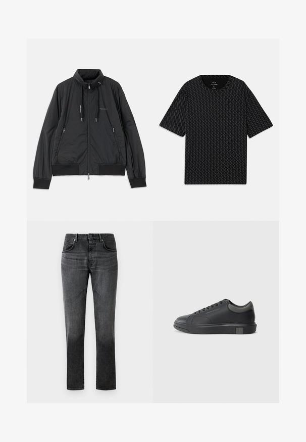 Veste légère noire zippée avec col montant, poches latérales zippées, cordons de serrage, poignets côtelés et logo Armani Exchange sur la poitrine.; T-shirt noir avec un motif texturé de logos 'A' alternés, manches courtes et col rond. Fabriqué en tissu léger.; Jean en denim noir à coupe droite, design à cinq poches et décoloration subtile. Équipé d'une fermeture à bouton et de passants de ceinture. Texture lisse.; Sneaker en cuir noir avec une finition lisse, bout rond et accents gris foncé. Présente un design à lacets et une semelle en caoutchouc texturée.