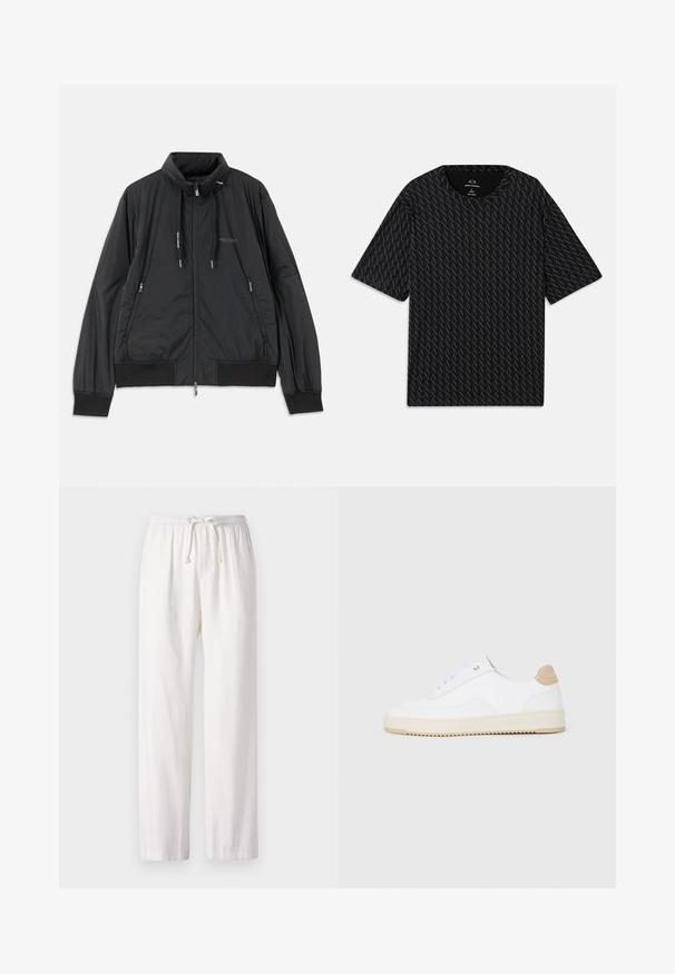 Casaco leve preto com fecho frontal e gola alta, bolsos laterais com fecho, cordões, punhos canelados e logótipo da Armani Exchange no peito.; Camiseta preta com um padrão texturizado de logótipos 'A' alternados, mangas curtas e decote redondo. Feita de tecido leve.; Calças leves e brancas com um cós elástico e cordão. Design de perna reta com uma textura suave. Sem padrões ou detalhes.; Sapatilhas brancas de cano baixo com parte superior em couro texturizado, sola cream estriada e detalhe em tan no calcanhar. Apresenta atacadores brancos e detalhe do logótipo no calcanhar.