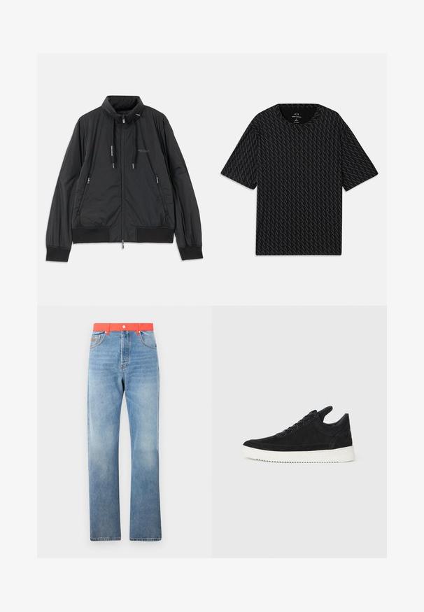 Černá lehká zipová bunda se stojáčkem, bočními kapsami na zip, stahovacími šnůrkami, žebrovanými manžetami a logem Armani Exchange na hrudi.; Černé tričko s texturovaným vzorem střídajících se logo 'A', krátké rukávy a kulatý výstřih. Vyrobeno z lehkého materiálu.; Světle modré džíny s rovnýma nohavicema, s jasně červeným pasem a standardním zapínáním na knoflík a zip.; Černé semišové tenisky s bílou gumovou podrážkou, s tónovým prošitím a šněrováním. Hladký povrch s moderním, aerodynamickým tvarem.