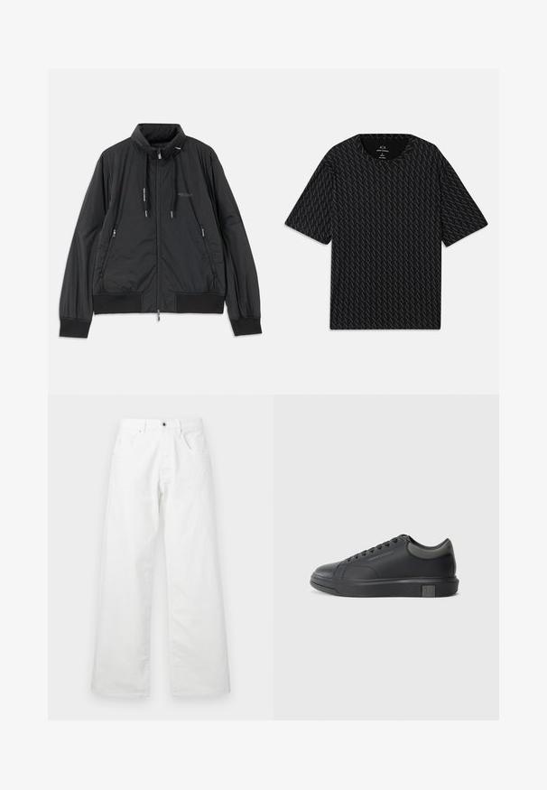 Black lightweight zip-up jacket with stand collar, zippered side pockets, drawstrings, ribbed cuffs, and Armani Exchange logo on chest.; Black T-shirt featuring a textured pattern of alternating 'A' logos, short sleeves, and a crew neckline. Made from lightweight fabric.; White denim trousers with a straight-leg design, featuring two front pockets and a button closure. Smooth texture with a slightly faded finish.; Black leather sneaker with a smooth finish, rounded toe, and dark grey accents. Features lace-up design and textured rubber sole.