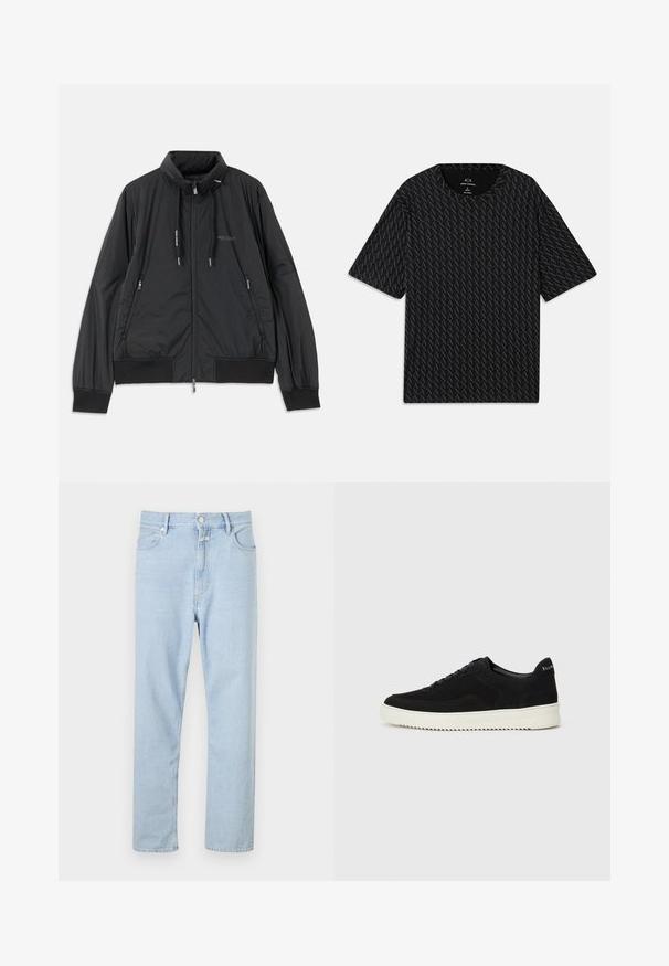 Musta kevyt vetoketjullinen takki, jossa on seisomakaulus, vetoketjulliset sivutaskut, narut, ribbireunat ja Armani Exchange -logo rinnassa.; Mustat T-paita, jossa on teksturoitu kuvio, jossa vuorottelevat 'A' -logot, lyhyet hihat ja pyöreä pääntie. Valmistettu kevyestä kankaasta.; Vaaleansiniset suorat farkut, jotka on valmistettu denimestä, varustettu napilla ja vetoketjulla, viidellä taskulla ja hienovaraisella haalistumisella kankaassa.; Mustat mokkakengät nauhoilla ja kontrastivalkoisella kumipohjalla. Varustettu teksturoiduilla sivupaneeleilla ja huomaamattomalla brändäyksellä kantapäässä.