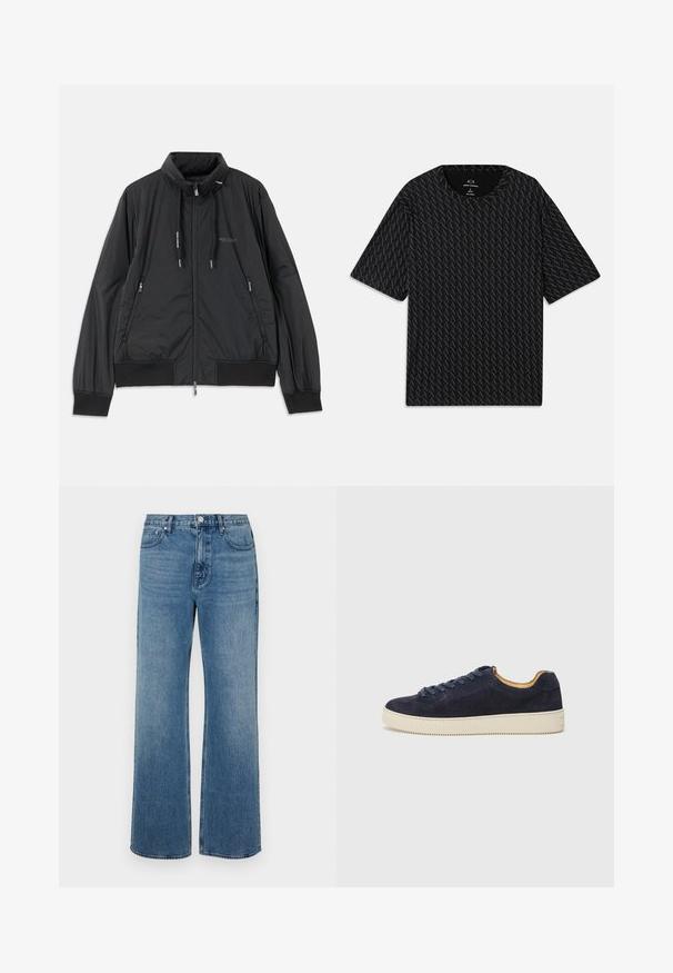Mustmust mustrikk zip-up jakk, millel on seisev krae, tõmbluku külgtaskud, nöörid, soonikutega varrukad ning Armani Exchange logo rinnal.; Must mustläbiga T-särk, millel on tekstuurne muster vahelduvate 'A' logodega, lühikeste varrukatega ja ümar kaelus. Valmistatud kergest kangast.; Laiad sinised teksad, mis on valmistatud denimist ja millel on kulunud viimistlus. Omab viit taskut, ees nööpidega kinnitust ja sirget lõiget.; Tumesinine sametist madal sneaker ümarate varvastega, off-white kummipõhi ja harmoneeruvad lingid; omaduseks kontrastne pruun sisemus.