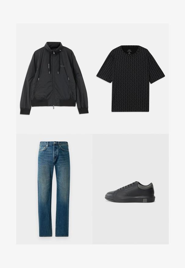 Črn lahek jakna na zadrgo s stojnicnim ovratnikom, zadrgami na strani, vrvicami, rebrastimi manšeti in logotipom Armani Exchange na prsih.; Črna majica s kratkimi rokavi, ki vsebuje teksturiran vzorec iz izmeničnih logotipov 'A', z okroglim izrezom. Narejena iz lahkega materiala.; Modri kavbojke z ravno nogo, ki imajo pet žepov, rahlo zbledel izgled in kontrastne šive.; Črne usnjene teniske s gladko površino, zaobljenim prstom in temno sivo akcenti. Imajo sistem vezanja in teksturiran gumijast podplat.