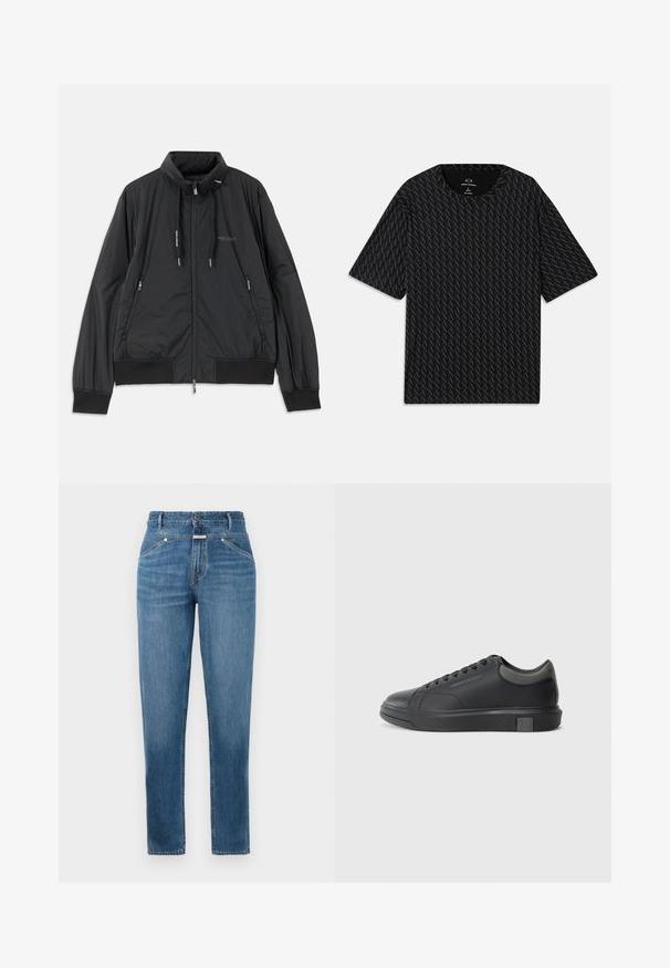 Svart lett zip-up jakke med ståkrage, glidelåslommer på sidene, snorer, ribbestrikkede mansjetter og Armani Exchange-logo på brystet.; Svart T-skjorte med et teksturert mønster av wekslende 'A' logoer, korte ermer og rund hals. Laget av lett stoff.; Blå høytlivde rette jeans med frontlommer, beltesløyfer, knappelukking og subtile falmingsdetaljer.; Sorte lærersneakers med en glat finish, rund tå og mørkegrå detaljer. Har snørebånd og en struktureret gummisål.