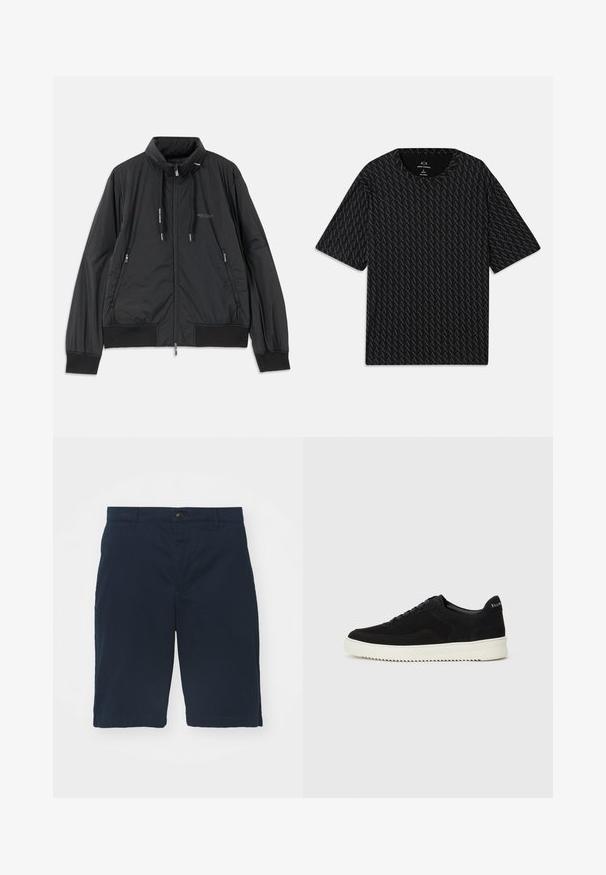 Schwarze, leichte, Reißverschlussjacke mit Stehkragen, Reißverschlusstaschen an den Seiten, Kordelzügen, gerippten Bündchen und Armani Exchange-Logo auf der Brust.; Schwarzes T-Shirt mit einem strukturierten Muster von abwechselnden "A"-Logos, kurzen Ärmeln und rundem Halsausschnitt. Hergestellt aus leichtem Stoff.; Navyblaue Shorts aus Baumwolle mit flachem Bund, Knopfverschluss und Seitentaschen. Knielang mit glatter Textur und sauberen Nähten.; Schwarze Wildleder-Sneaker mit Schnürdesign und kontrastierender weißer Gummisohle. Verfügt über strukturierte Seitenpaneele und dezentes Branding an der Ferse.