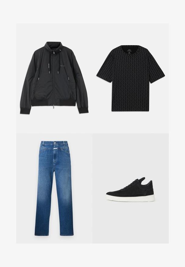Fekete, könnyű, cipzáras dzseki álló gallérral, cipzáras oldalsó zsebekkel, húzózsinórral, bordázott mandzsettákkal és Armani Exchange logóval a mellkason.; Fekete póló, váltakozó 'A' logók textúrájával, rövid ujjakkal és kerek nyakkivágással. Könnyű anyagból készült.; Kék farmernadrág egyenes szárvágással, gombos záródással, övpántokkal és enyhe kopással a comboknál.; Fekete nubuk sportcipő fehér gumitalppal, tónusos varrással és fűzős kialakítással. Simák a textúrája, modern, letisztult formával rendelkezik.