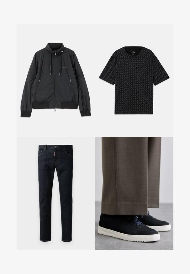 Crna lagana jakna na zip s visokom kragnom, bočnim dzepovima na zip, vezicama, rebrastim manžetama i logom Armani Exchange na prsima.; Crna majica s kratkim rukavima koja sadrži teksturirani uzorak izmjeničnih 'A' logotipa i okrugli izrez. Napravljena od laganog materijala.; Tamno plave traperice slim kroja, s kopčanjem na dugme, pet džepova i kontrastnim žutim šavovima.; Crne nubuk tenisice s bijelim gumenim potplatima, s zaobljenim vrhom i vezicama, uparene s sivim krojenim hlačama.